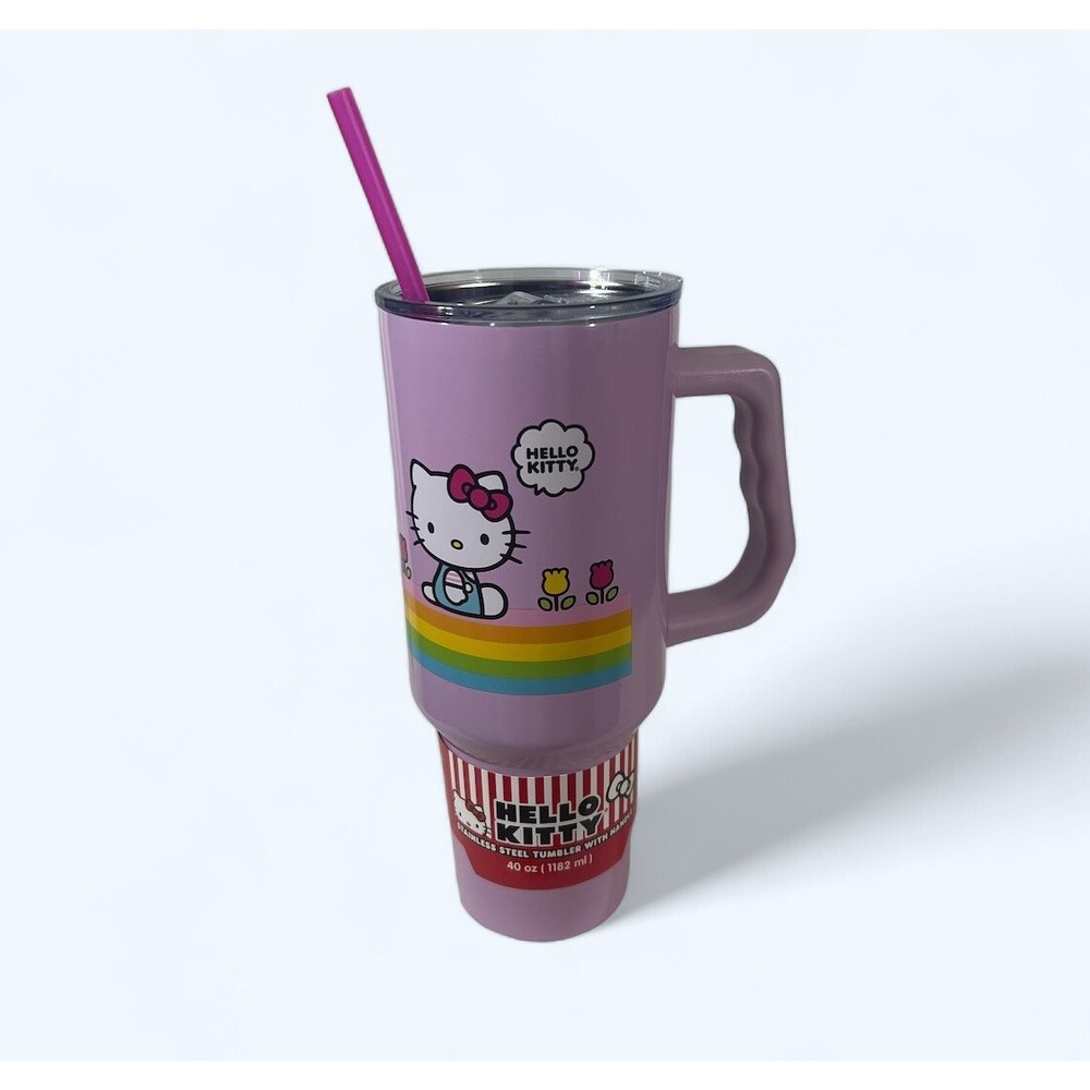 Hello Kitty 40oz Stainless Steel Tumbler Handle‎ Pink Rainbow Pattern NEW